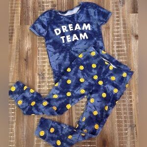 (3/$15)Old Navy “Dream Team” Blue Tie-Dye Smiley Face Pajama Set Size 6